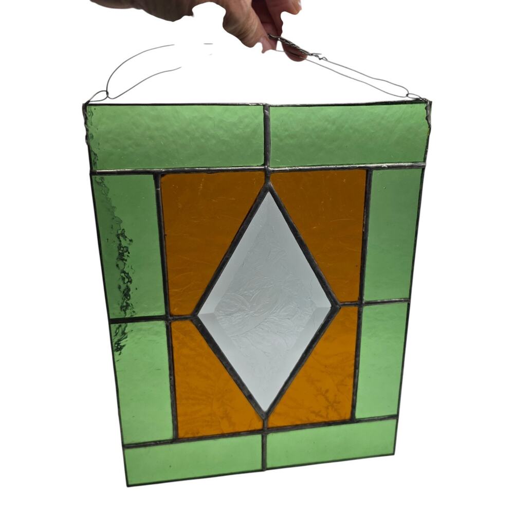 Vintage Stained Glass Art Window Panel Green Amber Clear Diamond Suncatcher 9x11